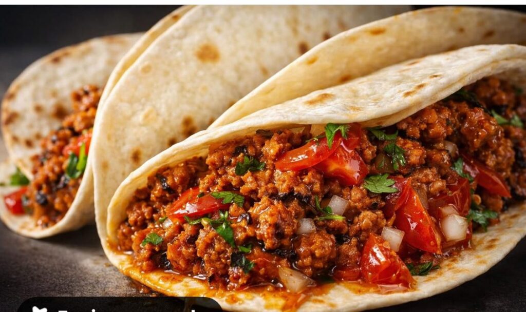 4 Tacos à la viande hachée $20 avec guacamole frijoles et salsa